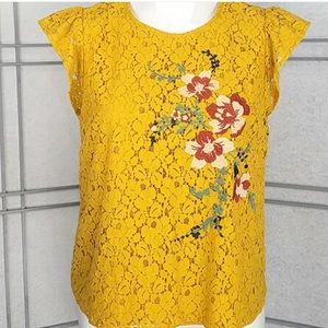 Mustard lace ruffle sleeve embroidery